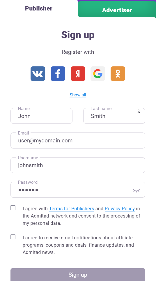 Admitad publisher account form cashback