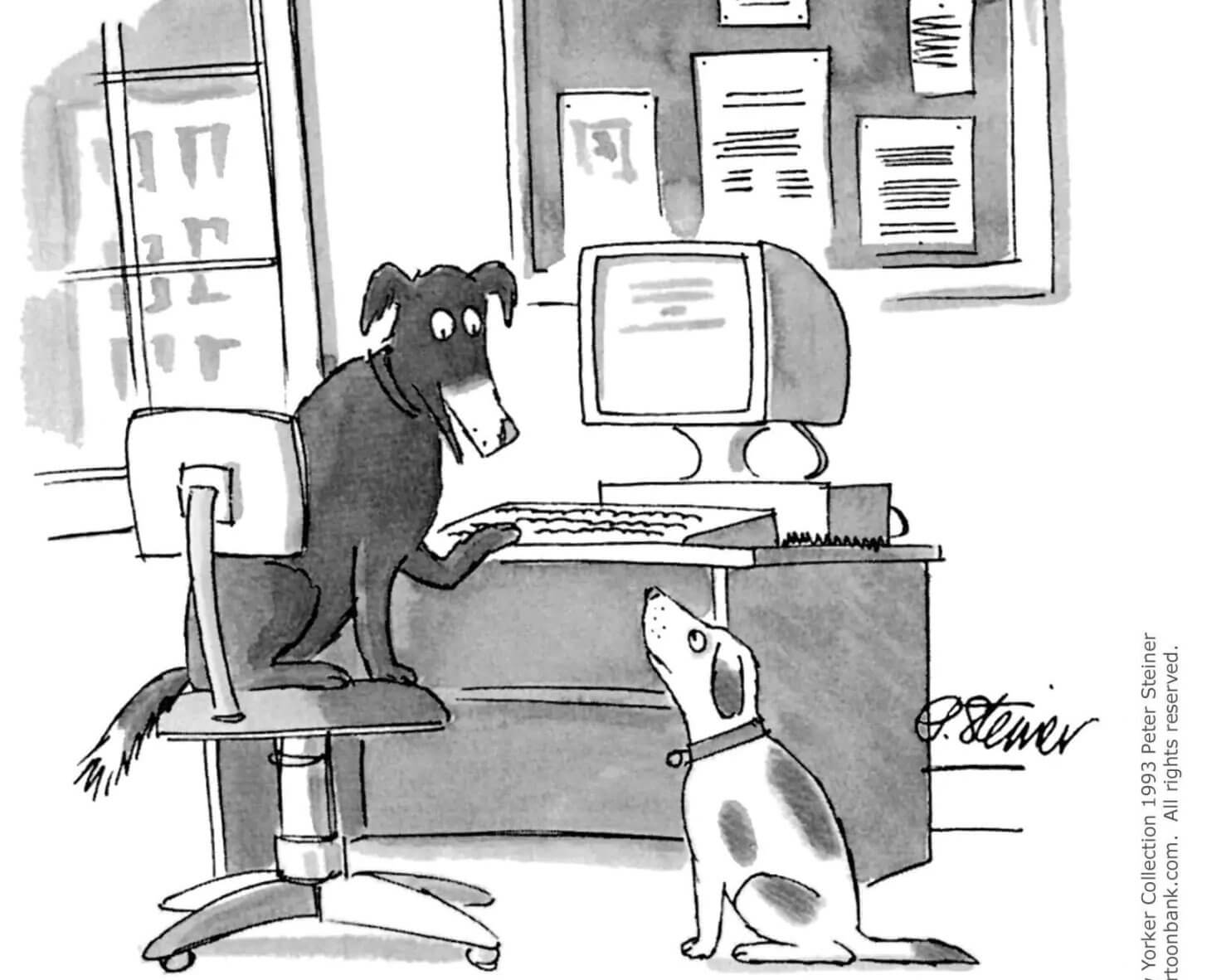 On the internet, nobody knows you're a dog comic. Copyrighted image, hopefully fair use :-)