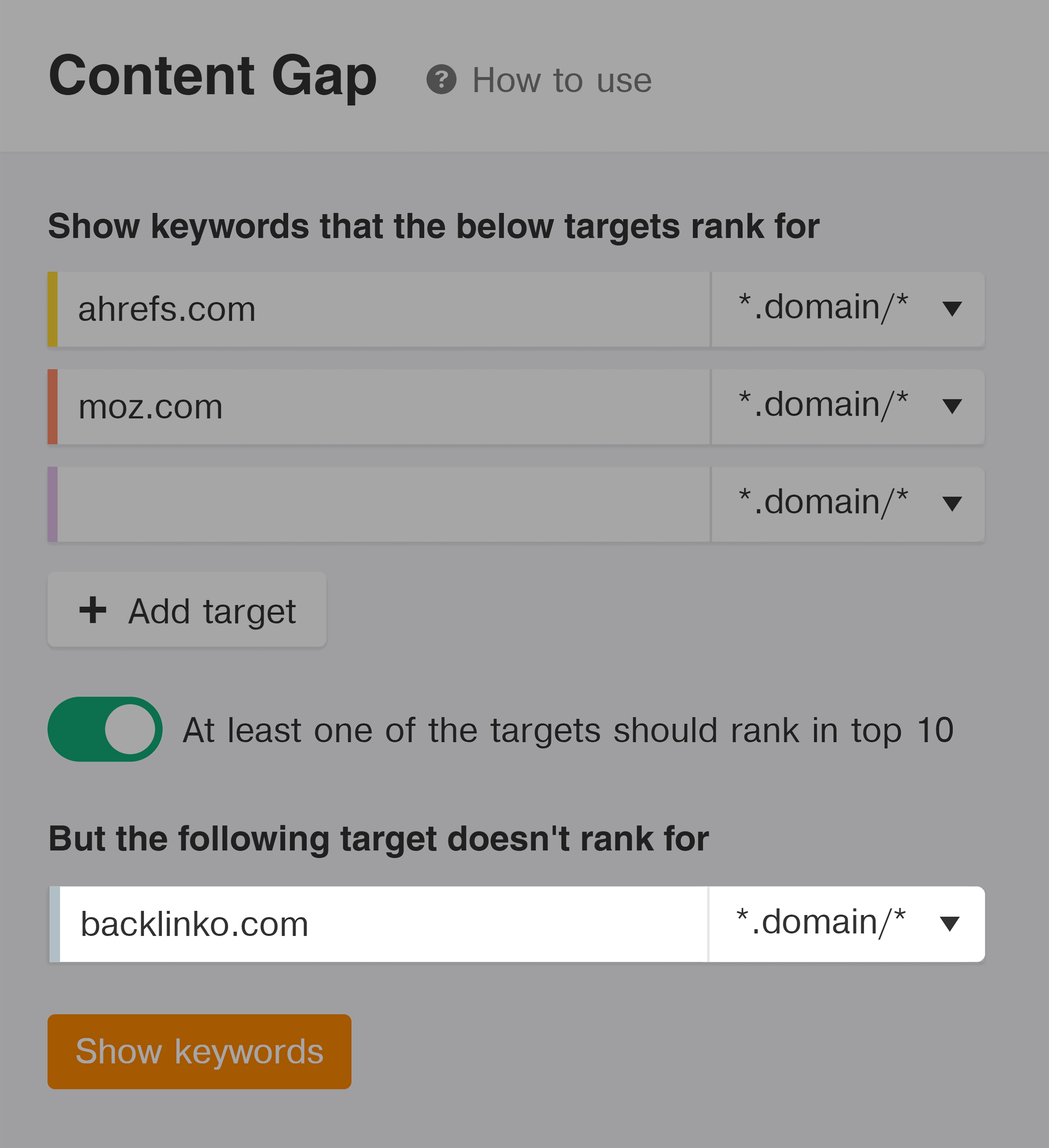 Ahrefs – Content gap – Input own site Ahrefs – Content gap – Input own site