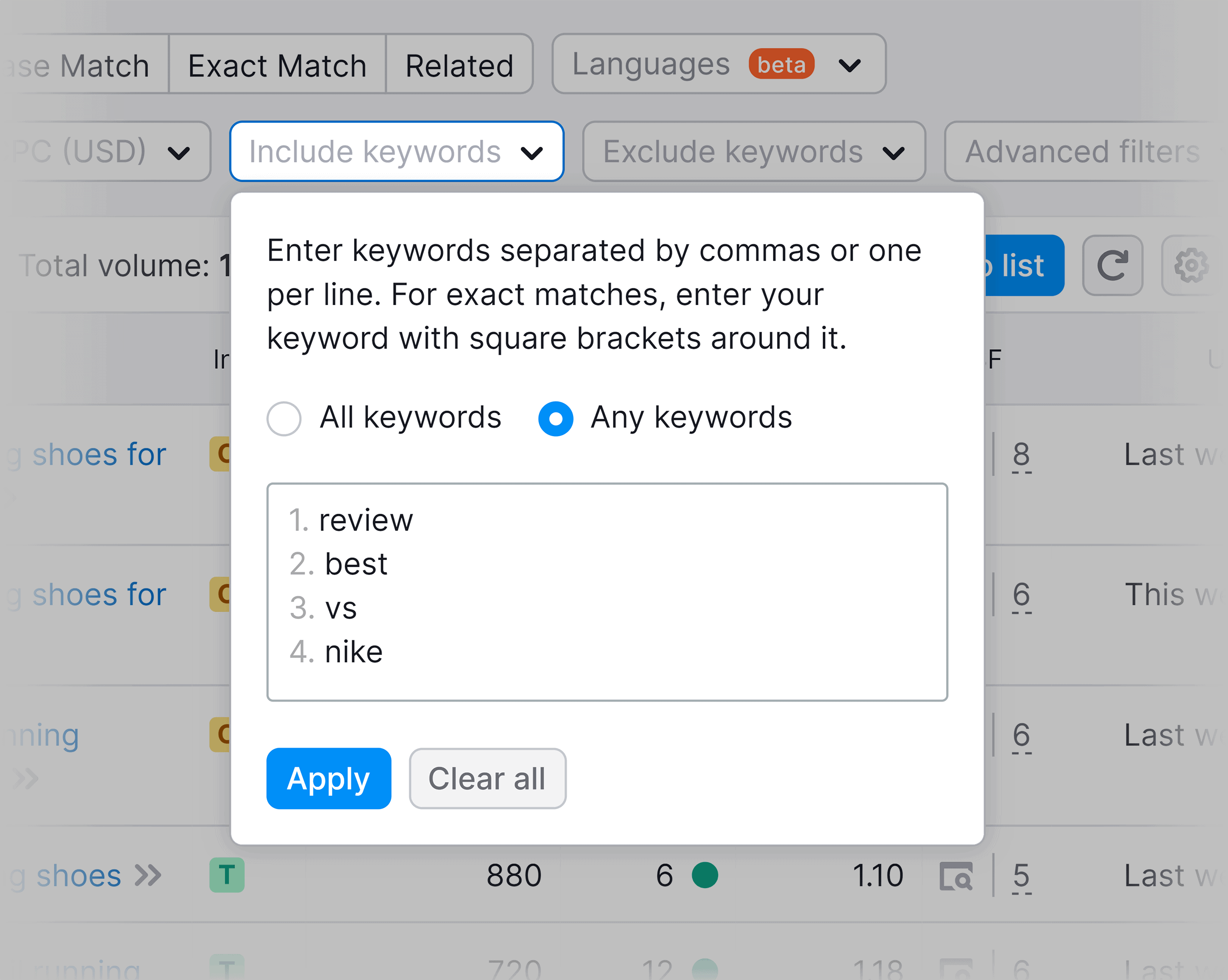 Keyword Magic Tool – Include keywords filter Keyword Magic Tool – Include keywords filter