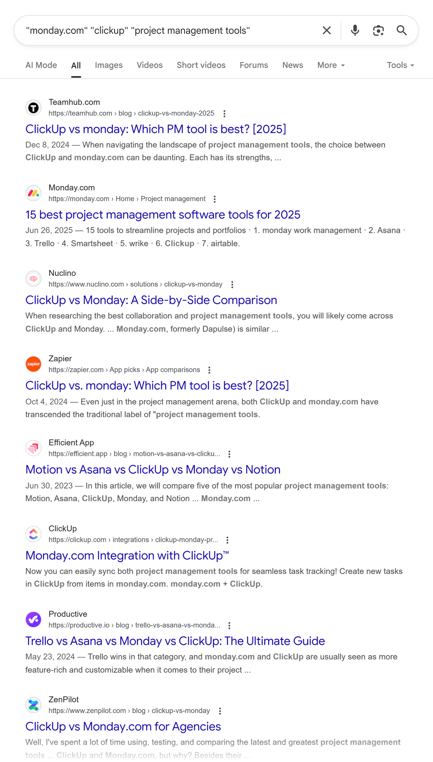 Google SERP – Monday, ClickUp, project management tools Google SERP – Monday, ClickUp, project management tools