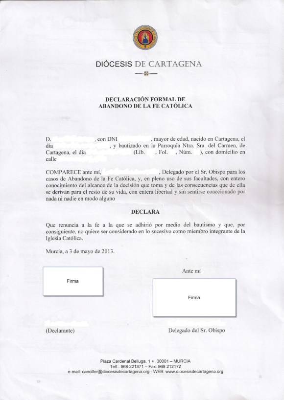 Declaración de abandono de la fe católica