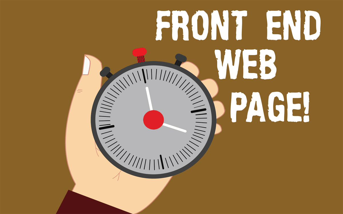 A hand holding a stopwatch with the words 'front-end performance!' displayed in bold letters.