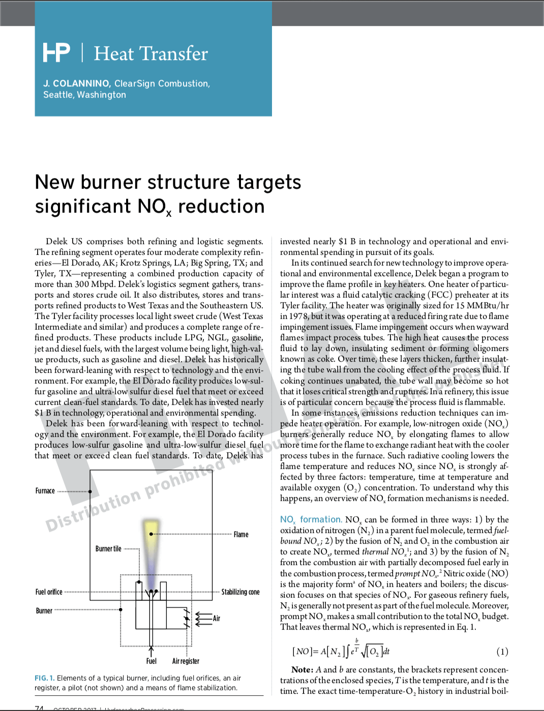 New Burner structure targets significant NOx reduction Heat Transfer Hydrocarbon Processing 2017
