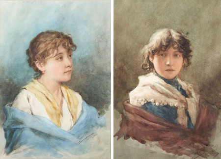 A pair of watercolor portraits by Ernesto Levorati