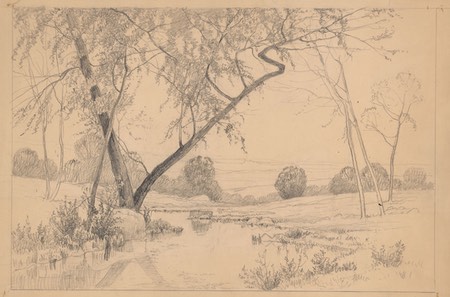Landscape by a Stream, Henry Farrer, graphite drawing