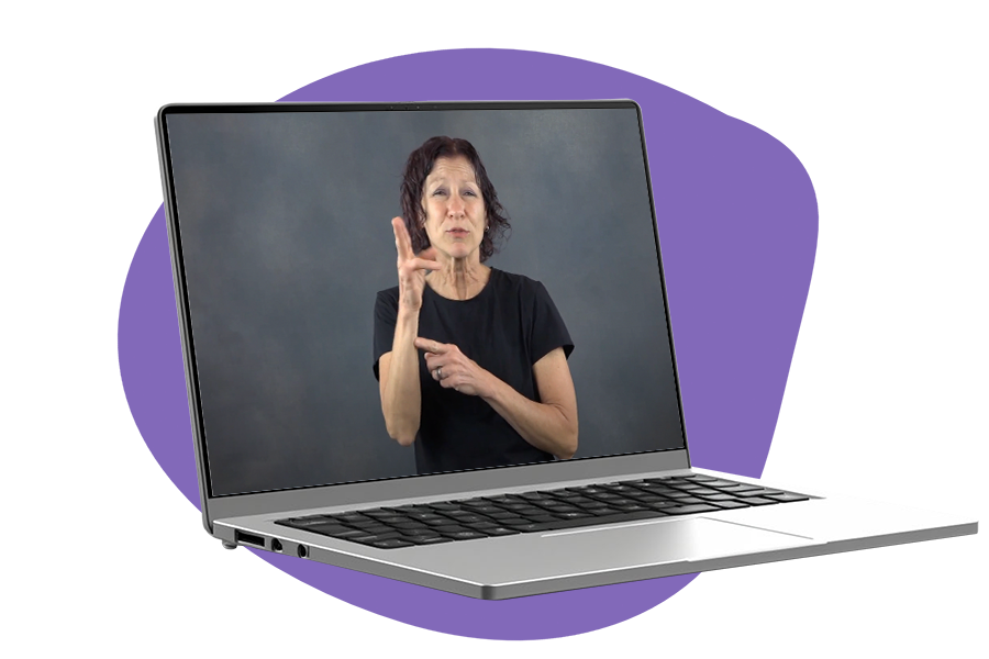 a laptop displaying a webinar featuring a woman signing