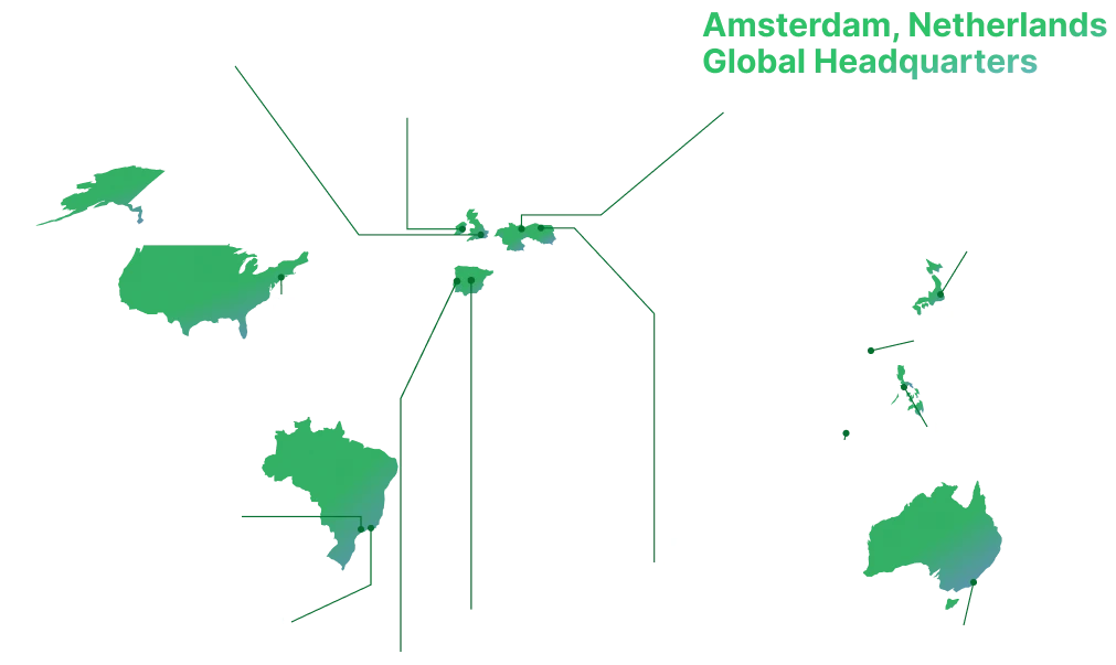 World map with green continents showing 1GLOBAL offices around the world.