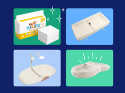 A changing table with baby supplies, including wipes, a pad, and a baby bath.