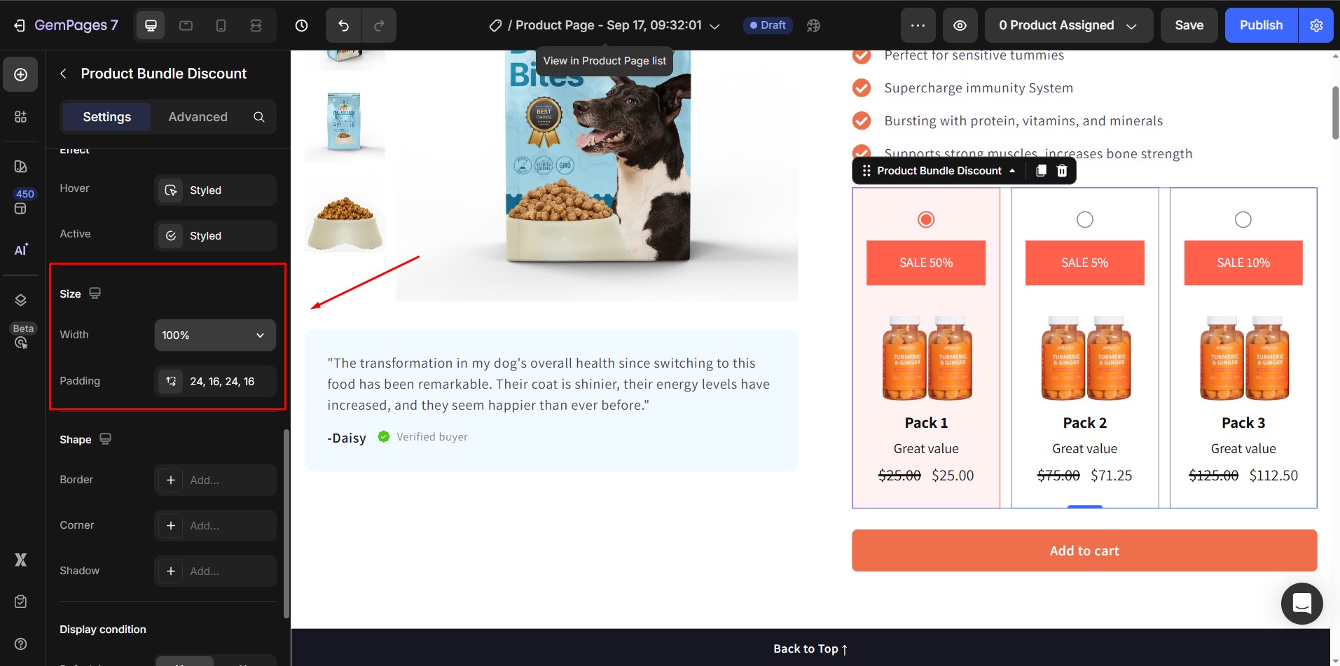 Produktbündel-Elementgröße
