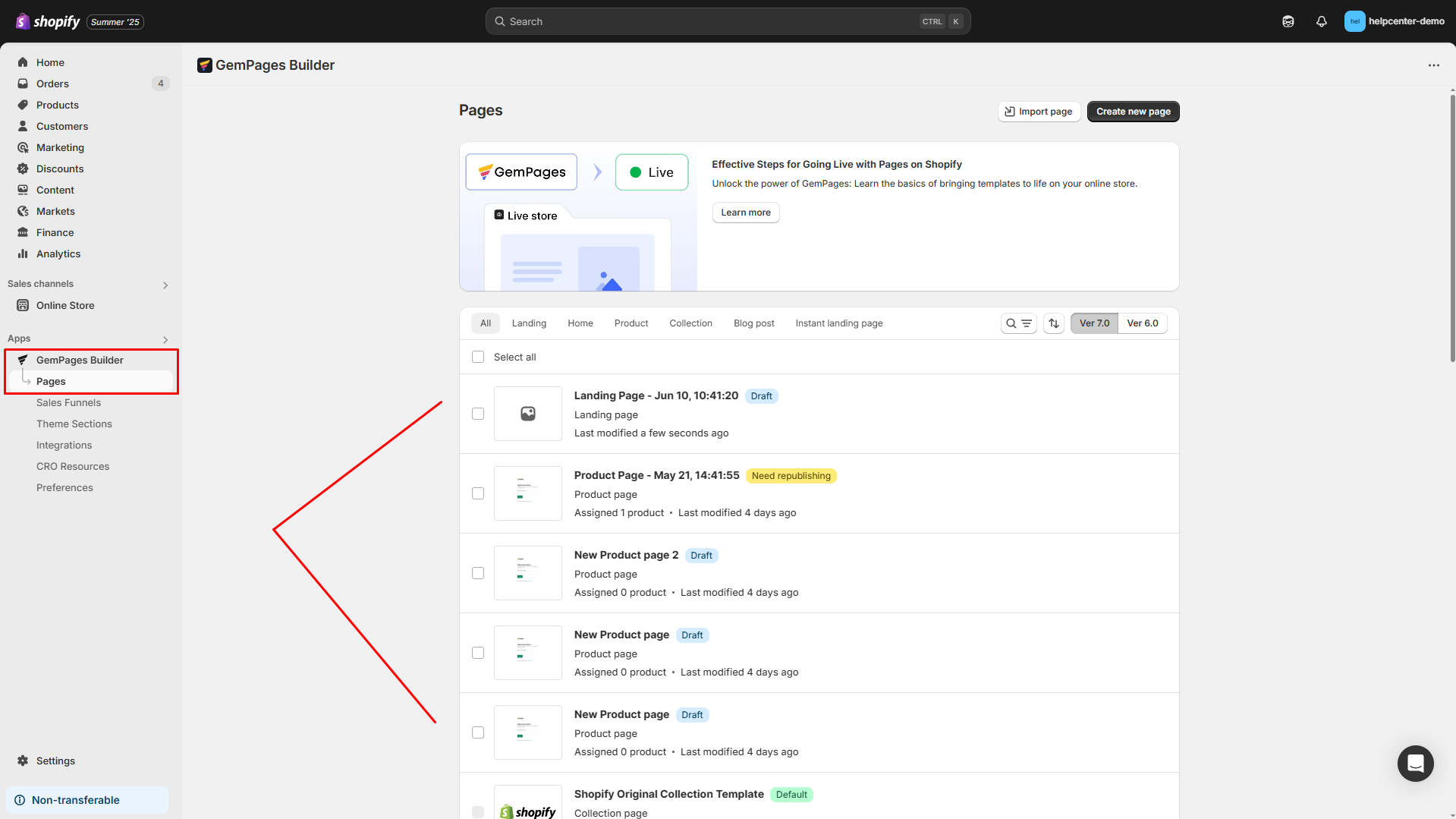 Open Pages section in GemPages Dashboard