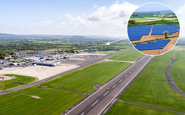 Aerial view of George Best Belfast City Airport with an inset showing the Lightsource bp Crookedstone Road Solar Project in Belfast, part of their UK Projects portfolio.