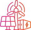 Stylised pink and orange icon featuring a solar panel, a wind turbine, and a battery, representing renewable energy sources and energy storage.