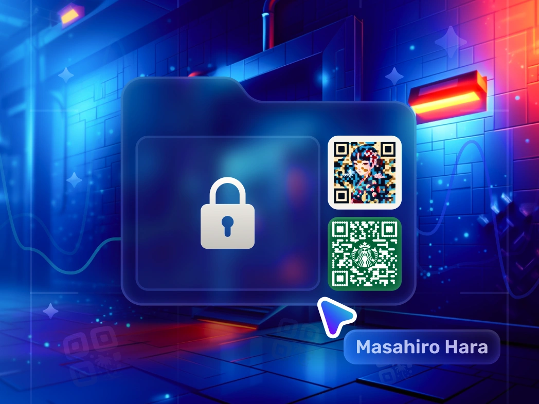 Locked Folder with QR Code Portrait Japan Style and Starbucks Logo Digital locked folder with QR code examples, featuring a Starbucks logo and a Japan-style portrait QR code, set against a futuristic blue and orange background.