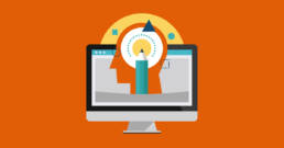 Graphic of a brain filled with artistic elements protruding from a computer screen