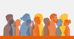 A flat colorful illustration of diverse silhouettes, overlapping and looking in both directions