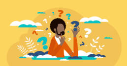 illustration of a man thinking while surrounded by question marks and clouds