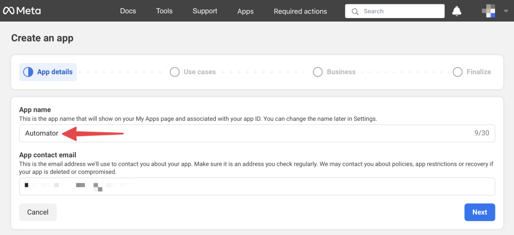 create-an-app-app-name Meta developer dashboard showing the "Create an app" screen, with the app name field filled in as "Automator" and highlighted by a red arrow.