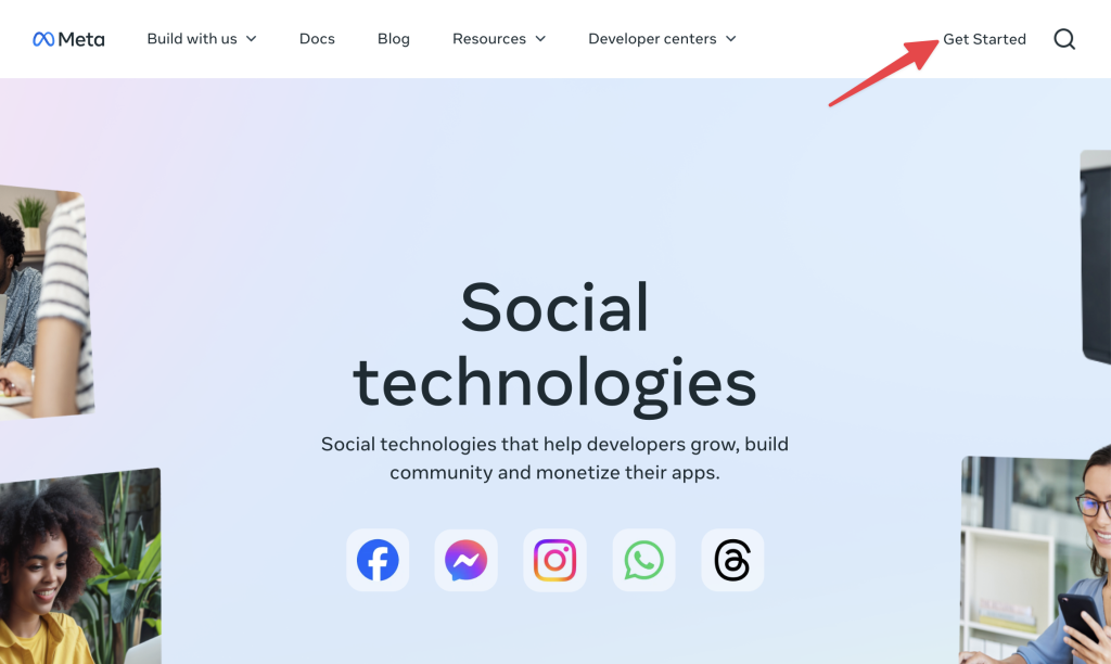 developers.facebook.com-get-started Meta for Developers homepage with icons for Facebook, Instagram, WhatsApp, and a red arrow pointing to the “Get Started” button.