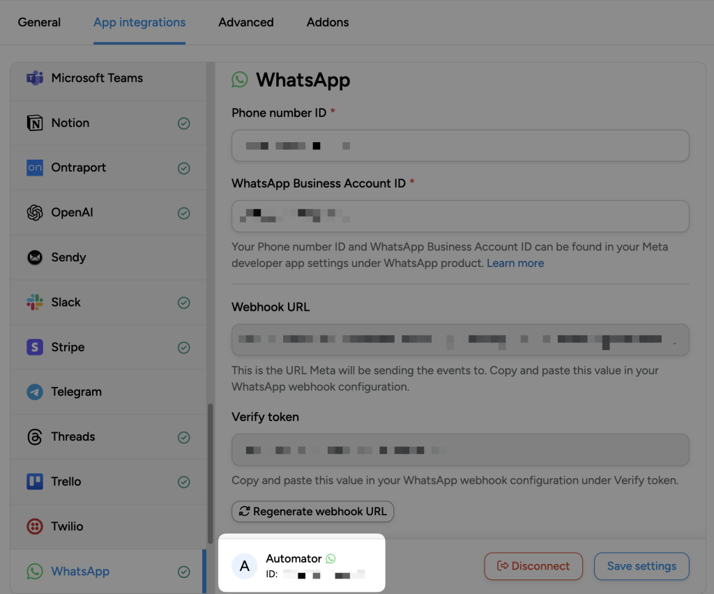 meta-app-connected-to-automator WhatsApp integration settings showing fields for phone number ID, business account ID, webhook URL, and verification token, with the Automator account successfully connected.
