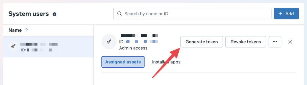 meta-user-generate-token Meta Business Settings interface showing a system user with admin access selected. A red arrow points to the “Generate token” button, which is used to create an access token for the selected system user.