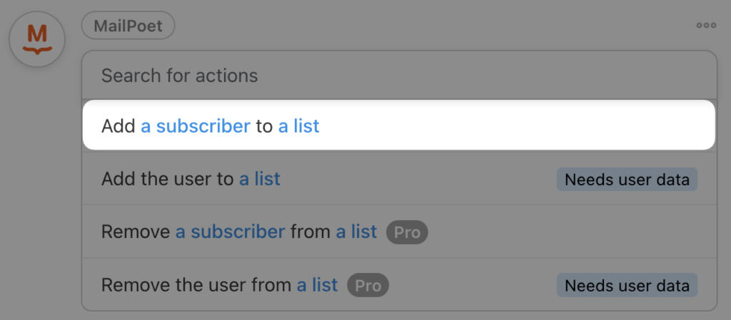 mailpoet action add a subscriber to a list