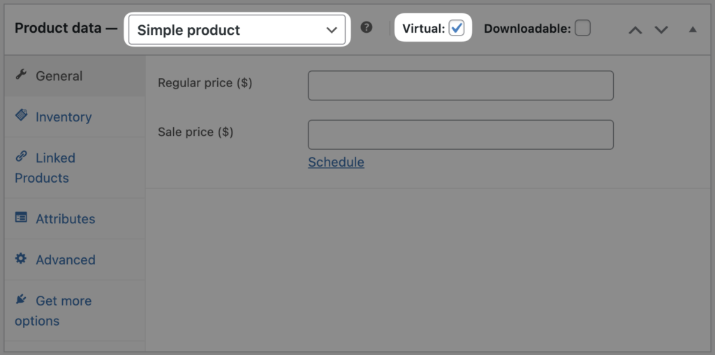 woocommerce-simple-product-virtual WooCommerce product settings showing a "Simple product" marked as "Virtual." The interface includes pricing fields and tabs for inventory, linked products, attributes, and advanced options.