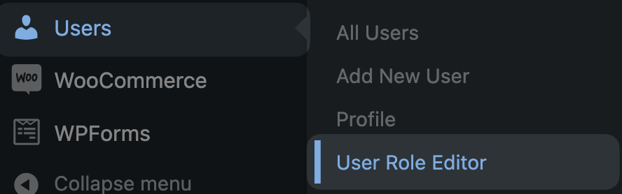 wordpress-users-user-role-editor-plugin WordPress admin dashboard showing the "Users" menu expanded, with "User Role Editor" highlighted as a submenu item alongside "All Users," "Add New User," and "Profile."