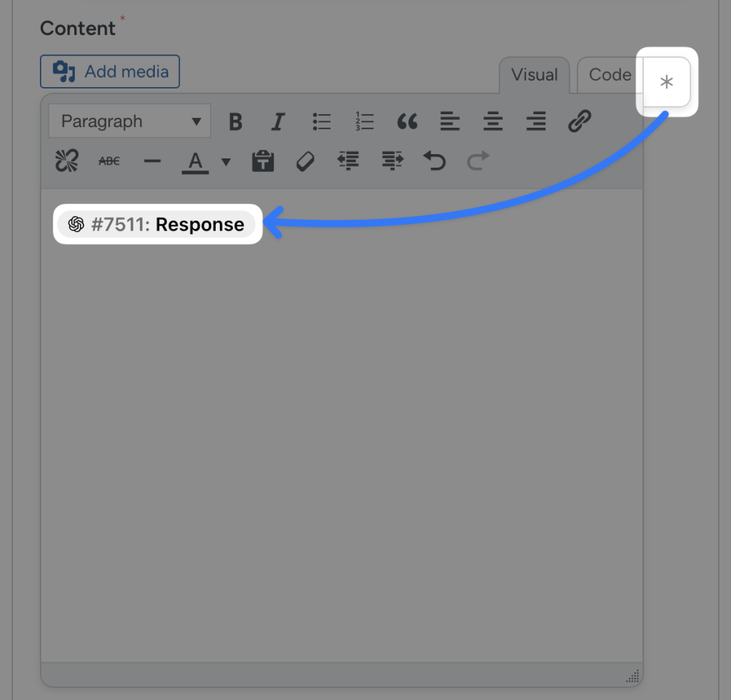 wordpress-content-field-openai-response-token In the WordPress content editor, an OpenAI “Response” token is inserted into the content area by clicking the asterisk in the top right corner, indicating dynamic insertion of an OpenAI-generated response.