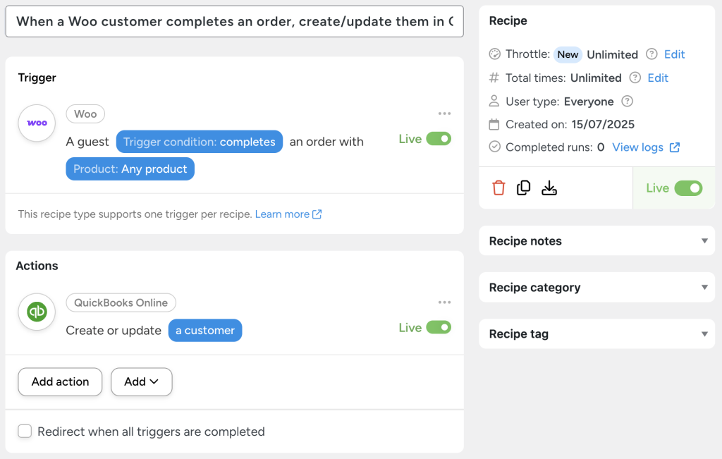 auomator-recipe-woo-customer-order-create-quickbooks-customer Uncanny Automator recipe showing how to automatically create or update a customer in QuickBooks Online when a WooCommerce guest completes an order.