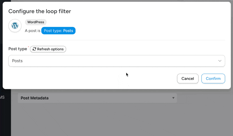 configure-loop-filter Automator modal for configuring loop filters, showing the user selecting the post type “Products”.