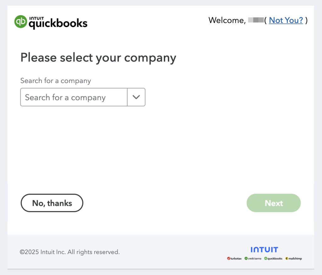 intuit-quickbooks-modal-select-company QuickBooks company selection screen showing "Please select your company" with a search dropdown, "No, thanks" and "Next" buttons at bottom.