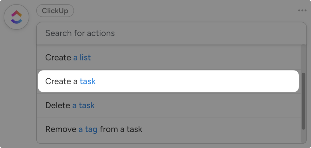 clickup-action-create-task Dropdown list of ClickUp actions in Uncanny Automator. The user has highlighted the action, “Create a task”.