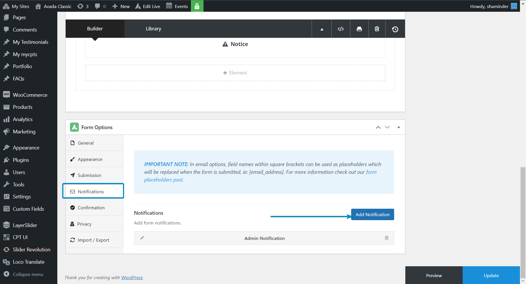 Add Notification Avada Forms