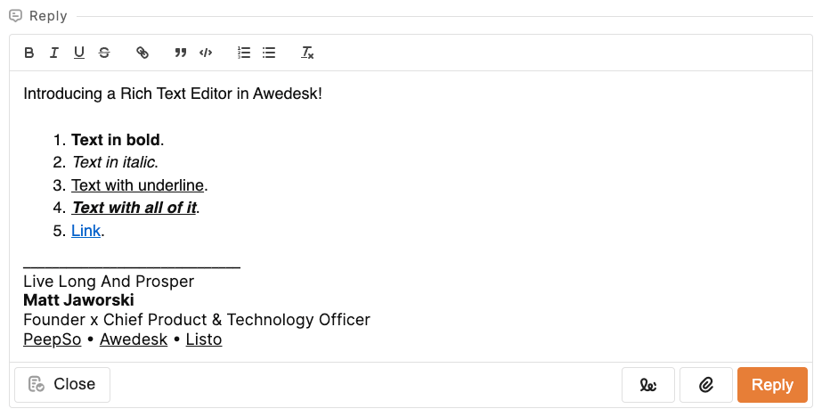 Rich text editor in Awedesk plugin - Reply screen