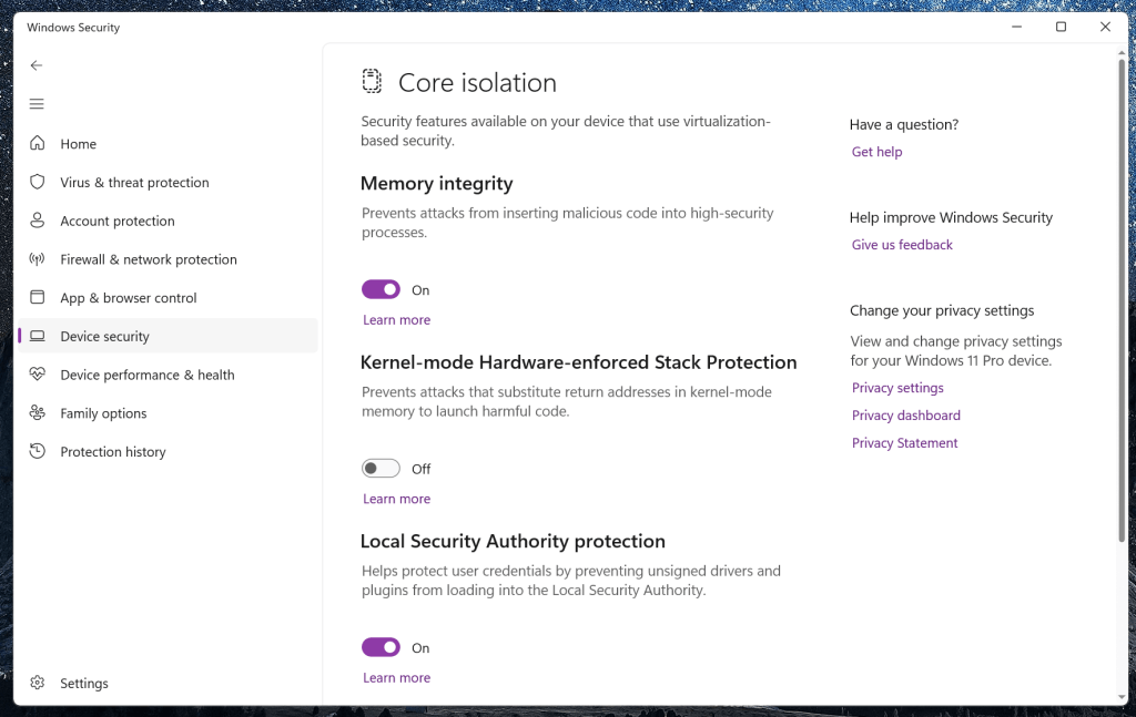 Windows core isolation settings