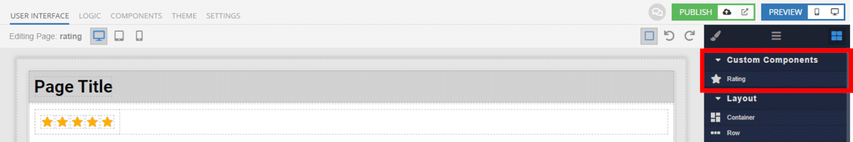 Rating Component added to UI Builder Canvas