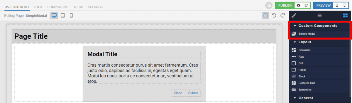 Simple Modal Component added to UI Builder Canvas