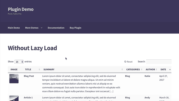 WordPress table plugin with standard loading