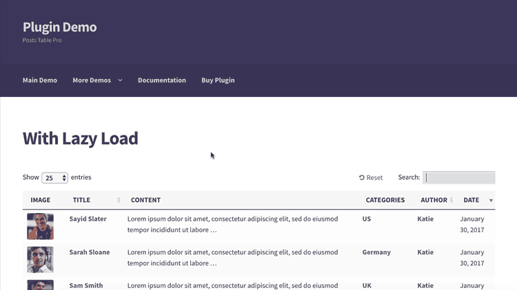 WordPress table plugin with lazy load