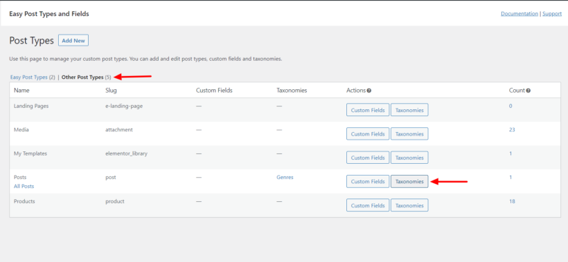 Adding a new taxonomy to a post type in Easy Post Types and Fields