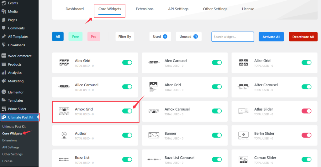 activate the core widget amox grid - BdThemes