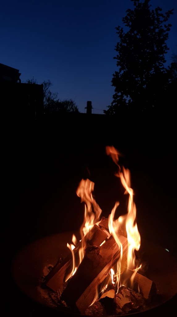 It is shortly after sundown. The sky is a fading blue, the silhouettes of trees, a shed and a garden fence framing a patch of darkening sky. In a metal firepit at the centre of the frame, tall yellow flames rise from square blocks of wood, spilling orange light into the image.