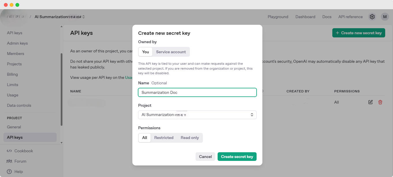 How to Configure AI Doc Summarizer for BetterDocs? 2 Create new secret key from OpenAI