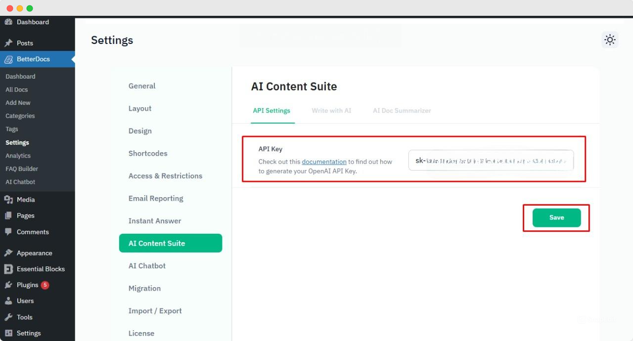 How to Configure AI Doc Summarizer for BetterDocs? 4 Paste the API key in BetterDocs API settings