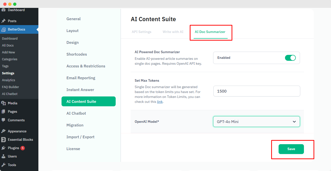 How to Configure AI Doc Summarizer for BetterDocs? 5 Enable and save AI doc summarizer from BetterDocs