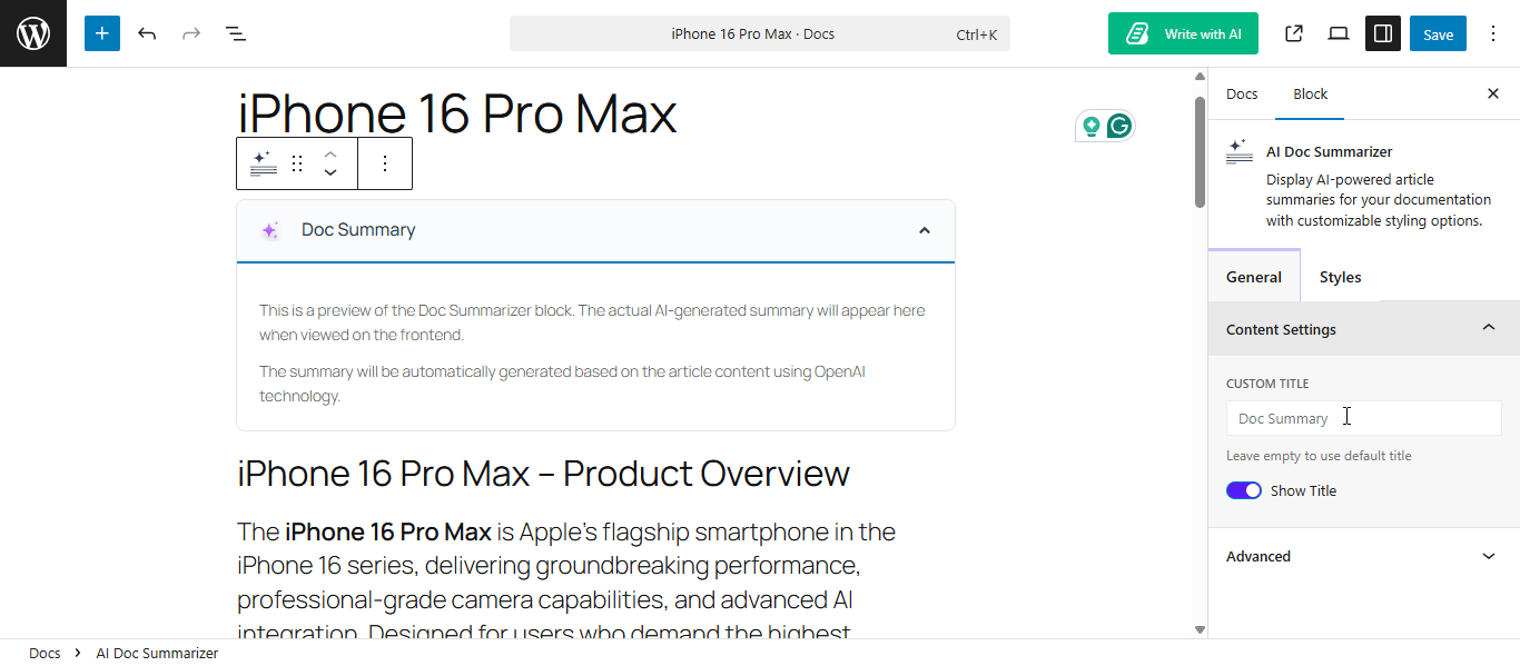 How to Configure AI Doc Summarizer for BetterDocs? 7 Customize General settings of AI doc summarizer