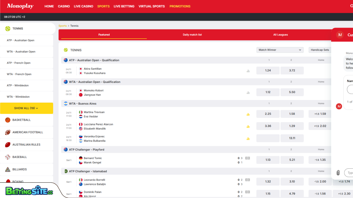 Scommesse sul tennis su Monoplay