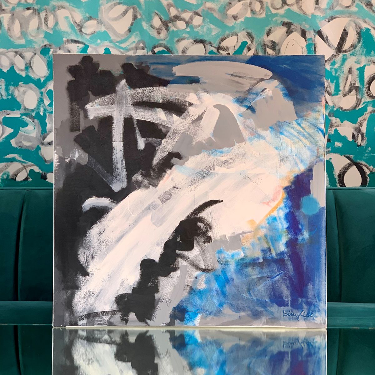 24x24 abstract diptych painting with blue, gold, and teal expressive brushstrokes symbolizing freedom and inner peace, titled Freedom Within by Beth Inglish.