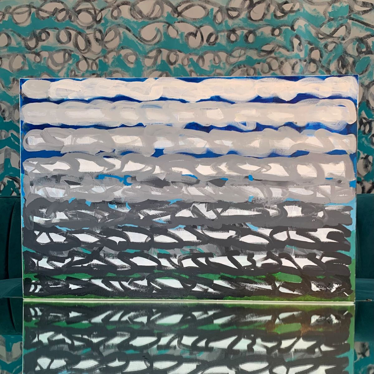 36x24 abstract painting with layered bands of white, gray, black, and blue representing fog and emotional intensity, original artwork by Beth Inglish.